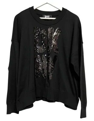 DKNY Sudadera Mujer XL Negra Lentejuelas Logo Cuello Redondo Pullover Suéter Nuevo con Etiquetas Foto 1 de 4