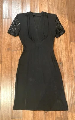 Vintage 1940s black crepe day dress, sequin sleeves - Image 1 of 4