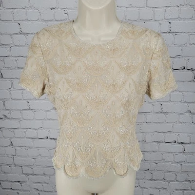 Papell Boutique Evening Beige 100% Silk Beaded Embroidered Top Size P6 - Image 1 of 4