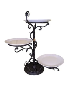 Gerson Bronze Akanthusblatt Metall 3-stufig hoch Servierer mit runden Keramikplatten - Bild 1 von 4