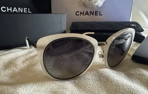 CHANEL Sunglasses AUTHENTIC 4202 CH4202 White Grey Gun Cat Eye Round Irregular - Picture 1 of 12
