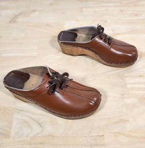 BASTAD Original Brown Leather Mules Wood Sole Clogs EU 39 US 8.5 Lagenlook Boho - Picture 1 of 12
