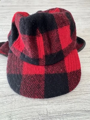 Vtg Broner Buffalo Plaid Trapper Hat Small Medium Wool Ear Flaps Red Black USA - Image 1 of 3
