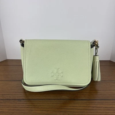 Tory Burch Thea Web Flap Pebbled Leather Crossbody in Meadow Mist - Fast Ship - Image 1 of 4