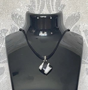 Diamond Shaped Murano Abstract Black & Silver Pendant Hand Made Glass Necklace - Picture 1 of 6