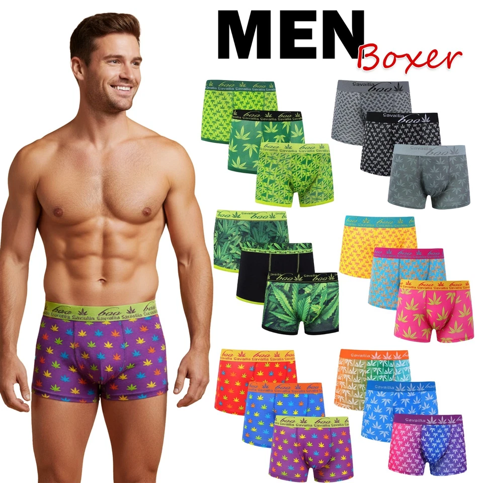 WICKEDFUN 3 Pack Mens Boxer Printed Weed leaf Cotton Underwear Trunks Shorts UK Size S-XL