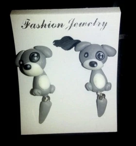One Pair of Patch Dog Polymer clay stainless steel stud  Earrings..Dangle tail. - Picture 1 of 1