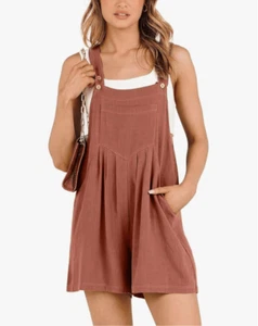 NEW Linen Rust Romper Bib Short Overalls Loose L - Picture 1 of 6