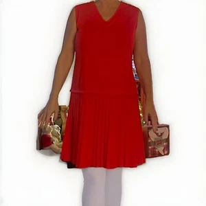 Vintage Red Pleated V Neck Skirt Dress XL - Picture 1 of 4