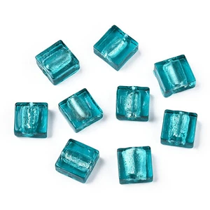 20pcs Handmade Lampwork Glass Beads Square Loose Spacers Teal Silver Foil 12mm - Picture 1 of 5