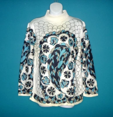 NOS Vtg 60s Kmart Acetate Knit Top MOD Flower Power Blue Aqua Sz L  DEADSTOCK - Image 1 of 4