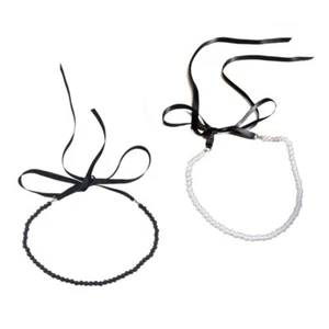 Bowknot Imitation Pearls Necklace Ribbon Bowknot Choker Lace Up Bows Neck Chain - Picture 1 of 10