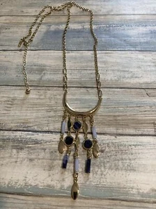 White House Black Market WHBM Necklace 40" Chain Statement Gold Tone Blue Dangle - Picture 1 of 7