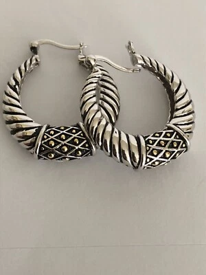 NUEVO Pendientes de aro acanalados retorcidos con cuentas tono oro oxidado plata de ley 16 gr Foto 1 de 4