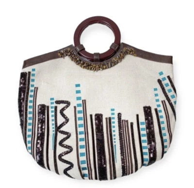 Chico’s Wood Handle Jute Purse Southwestern Sequins Beading Tan Turquoise - Image 1 of 4