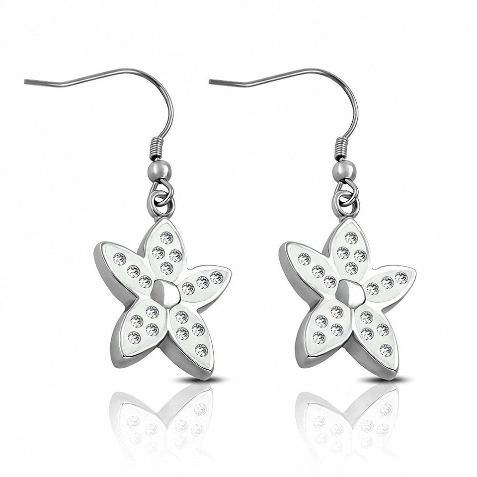 Par De Pendientes Colgantes Flor Con Strass Blanco - Imagen 1 de 1