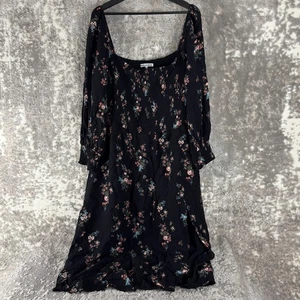 Reformation Plus Size 3X Dark Floral Midi Smocked Dress Black Long Sleeve - Picture 1 of 10