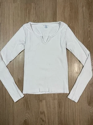 Brandy Melville Top Manga Larga Acanalado Cuello en V Blanco O/S Foto 1 de 4