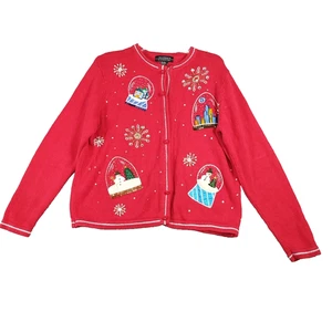 All Points by Reference Point Red Ugly Christmas Sweater Cardigan Size M READ - Picture 1 of 13