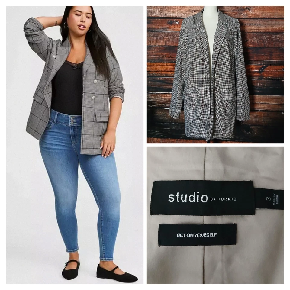 Torrid Studio Blazer Jacket Size 3 3X Houndstooth Plaid Ponte Stretch Relaxed  - Image 1 of 4