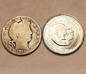 Mezzo dollaro da barbiere 1906 e mezzo dollaro commemorativo 1952 Booker T. Washington - Foto 1 di 3