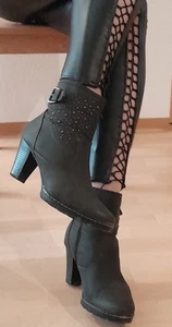 Schwarz-graue Kunstleder 👢 Stiefeletten, 8 cm Absatz, Gr. 42 passt bis Gr. 43 - Bild 1 von 24