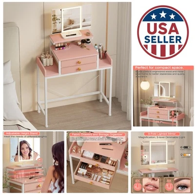 Tocador de Maquillaje Rosa Compacto con Luces, Espejo Ajustable y 2 Cajones para Niñas Foto 1 de 4
