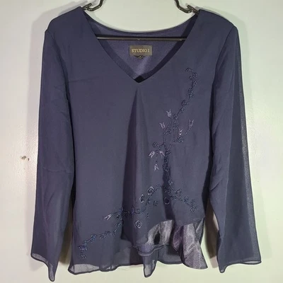 Блузка женская Studio 1 размер 18 темно-синяя с бисером цветочный узор - Изображение 1 из 4