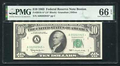 FR 2016-A* 1963 $10 *STAR* FRN FEDERAL RESERVE NOTE BOSTON, MA PMG GEM UNC-66EPQ - Image 1 of 2