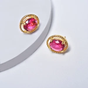 Stud Earrings for Women in Yellow Gold Filled with Oval Fuchsia Cubic Zirconia - Picture 1 of 7