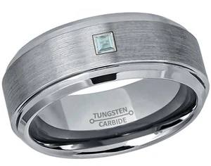 0.05ctw Princess Cut Aquamarine Ring, 9mm Brushed Tungsten Wedding Band #023 - Picture 1 of 5