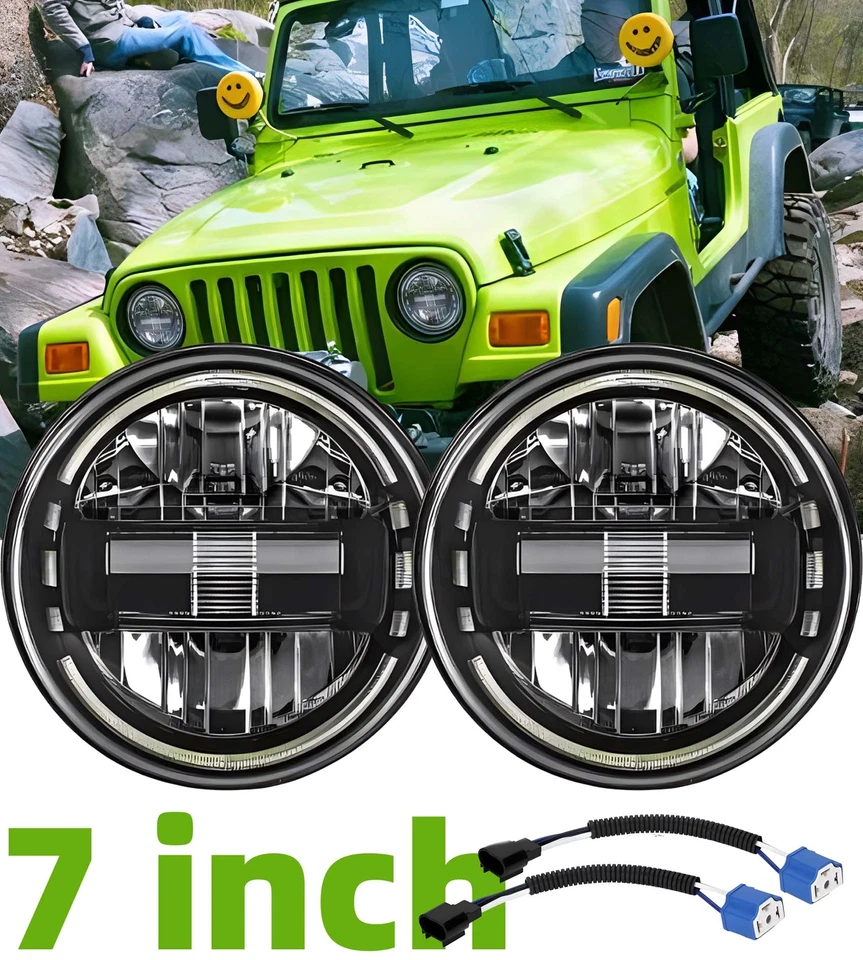 Pair 7'' H4 LED Headlights For Jeep Wrangler JK LJ TJ Hi/Lo Beam DRL Projector - Image 1 of 4