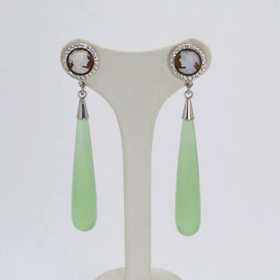 ORECCHINI IN ARGENTO 925 CON ZIRCONI PENDOLI CRISTALLO E CAMMEI VOLTO AGHT 0698 - Immagine 1 di 3