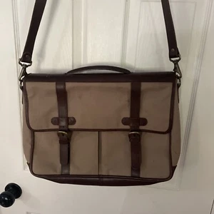 Eddie Bauer Canvas Tan And Brown Leather Messenger Satchel Briefcase Laptop Bag - Picture 1 of 9