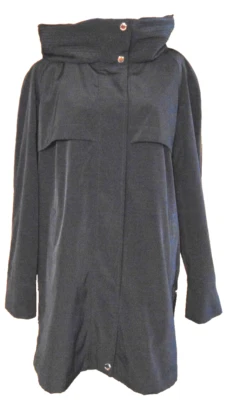 GALERÍA MUJER NEGRO ARRUGADO PLISADO CAPUCHA ABRIGO DE LLUVIA SWING ABRIGO BROCHES LATERALES ~ L Foto 1 de 4