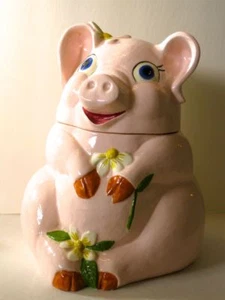 TARRO DE GALLETAS CERDO ROSA CON TAPA CERÁMICA MARGARITAS SONRIENTES Sin firmar - Imagen 1 de 12
