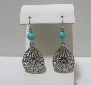 Vtg Robin’s Egg Blue Bead Silver Tone Filigree Teardrop Dangle Pierced Earrings  - Picture 1 of 11