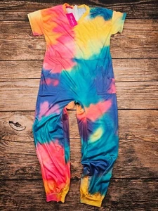 NWT Womens L Colorful Comfy Jumpsuit Overall V-Neck Short Slv Long Pants Pockets - Picture 1 of 12