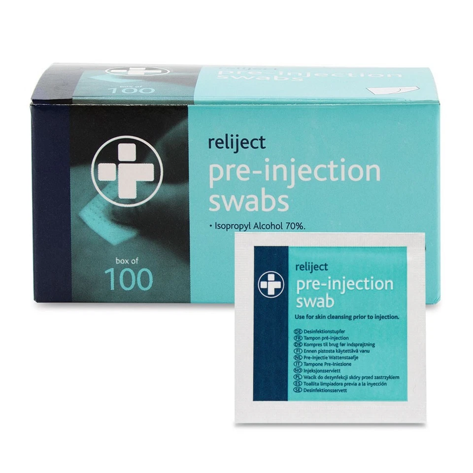Reliject - Pre Injection Swabs - 70% Isopropyl Alcohol Wipes, Box of 100 - Image 1 of 1