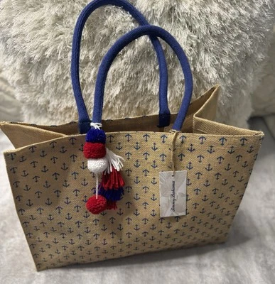 NEW Tommy Bahama Burlap with Anchor Print Shoulder Bag Inside Pocket Red Blue - Image 1 of 4