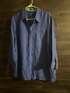 Vtg LRL Ralph Lauren Embroidered Crest Blue Linen Gold Button Shirt Women's 2X - Picture 1 of 5