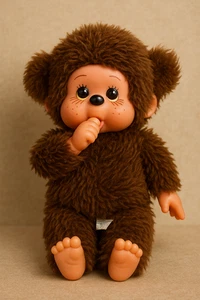 Peluche pupazzo vintage stile Monchhichi 10” – marrone peloso giocattolo retrò Giappone - Foto 1 di 7