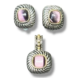 Vintage Twisted Cable Pendant and Earrings Set Clip Back Silver Purple Cat’s Eye - Picture 1 of 4