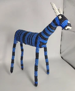 Folk Art Horse Donkey Deer Covered in Seed Beads Blue with Black Stripes 11.5" T - Picture 1 of 8