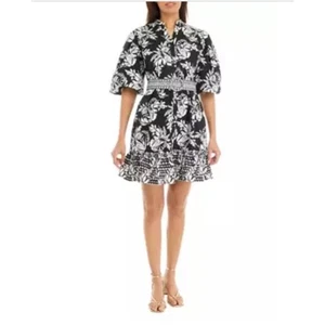 Crown & Ivy Floral Print Dress Puff Sleeve Button Front Belted Black White Large - Picture 1 of 11