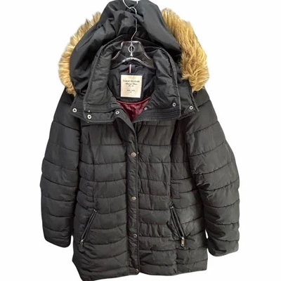 Abrigo acolchado Tommy Hilfiger para mujer XL negro ribete de piel sintética con capucha cálido al aire libre Y2K Foto 1 de 4