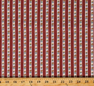 Cotton Floral Stripes Flowers Gold Cream Red Fabric Print by the Yard D140.02 - Picture 1 of 1