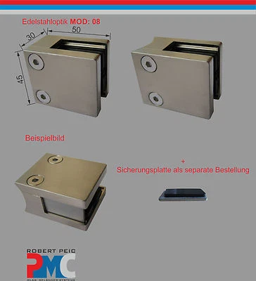 Edelstahlfinisch Glashalter Glasklemme Eckig Edelstahloptik - flacher Anschluss - Bild 1 von 2