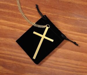 Gold Plate Clergy Cross (WS627) 3 1/2" Cross with 32" Chain with Bag
