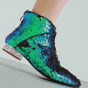 Damenschuhe Glitzer spitz zulaufend niedriger Blockabsatz Freizeit Pailletten Stiefeletten heiß - Bild 1 von 12